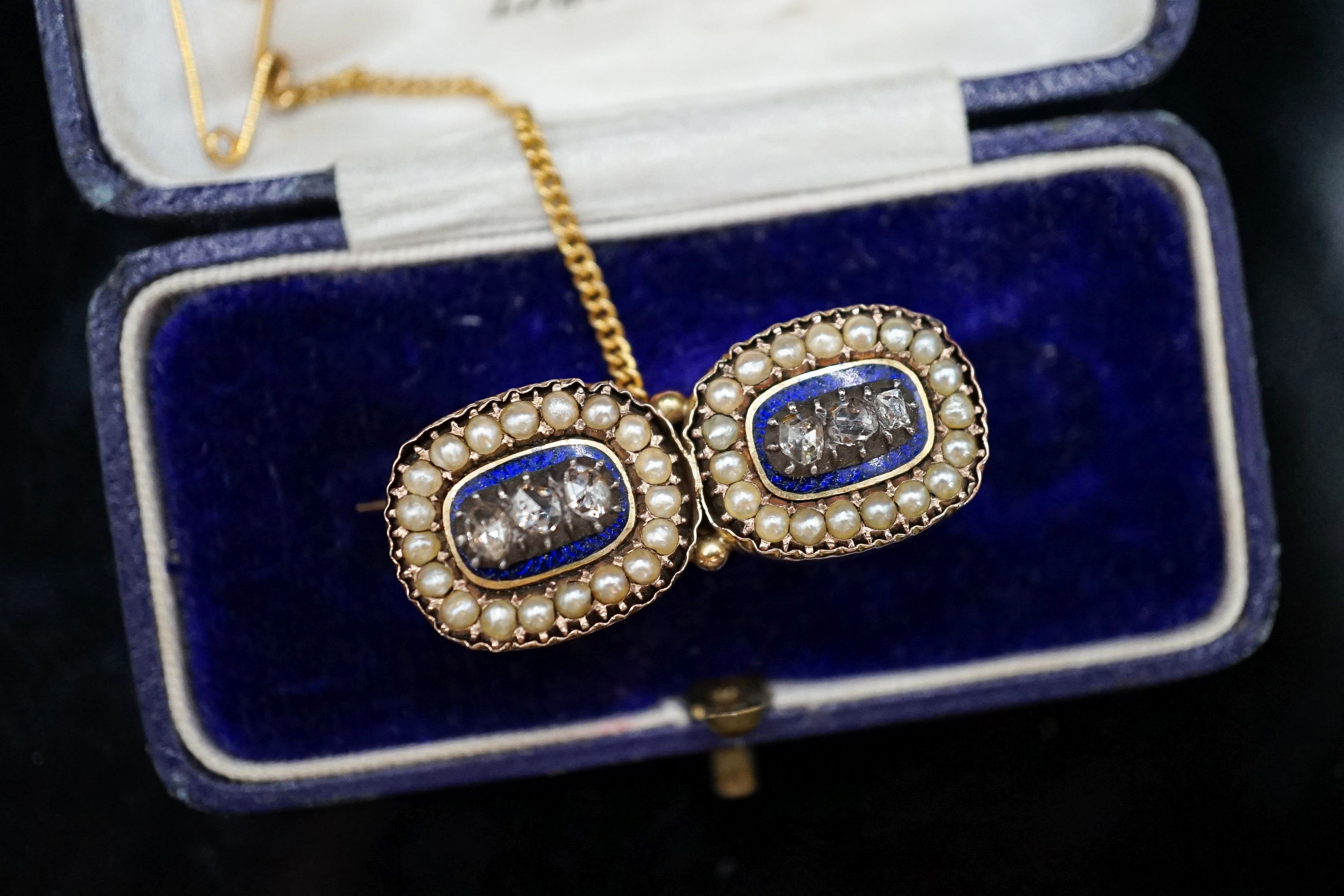 A Regency diamond and pearl set enamelled yellow metal brooch